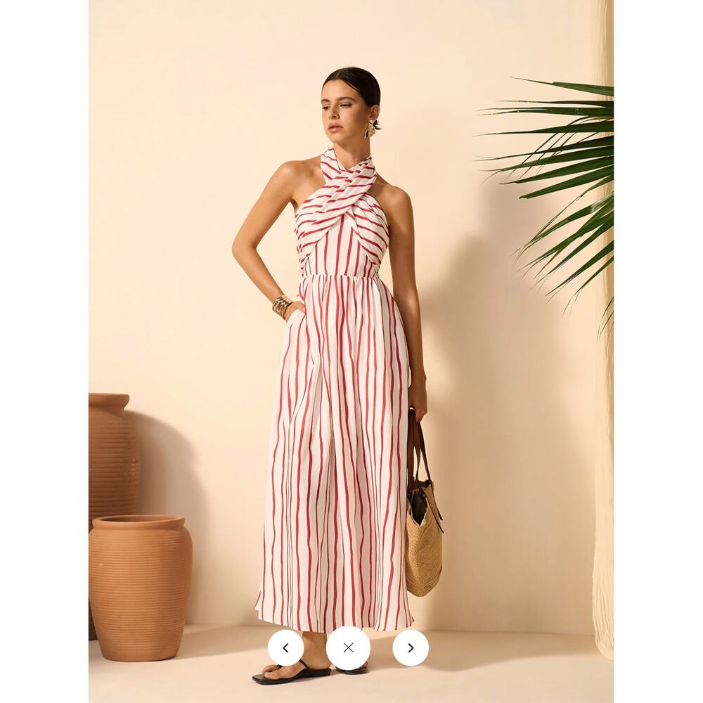 NWT Commense Striped Twist Halter Dress Sz M Color Green with White Sz M